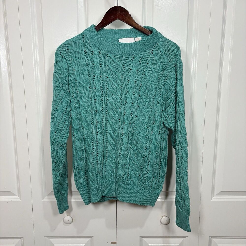 Haberdasher Sweater Women M Teal Cable Knit Silk Blend Coastal Grandma Fall